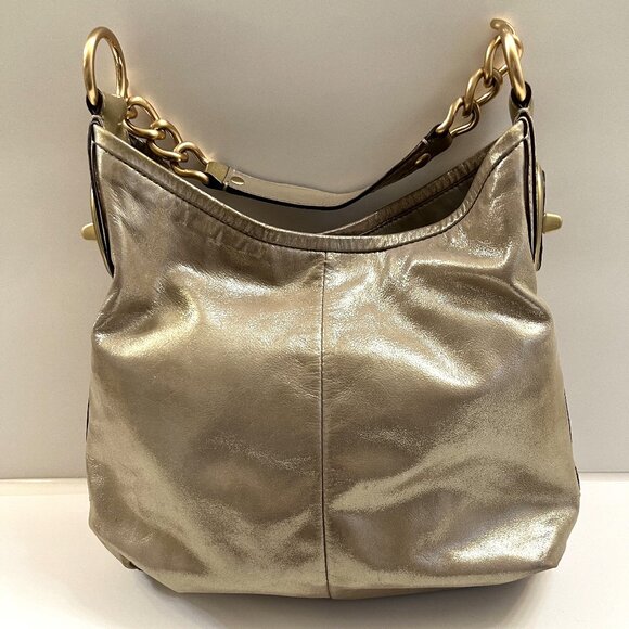 Coach - Vintage - Gold Shiny Large Hobo/ Shoulder Bag - Thick Gold Chain Accents - Picture 2 of 14